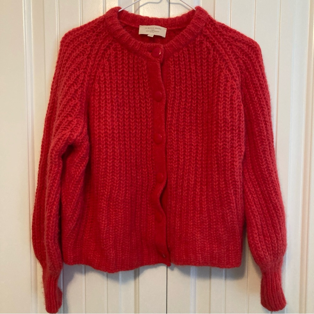 Sezane Chunky Knit Button-Front Cardigan in Bright Red